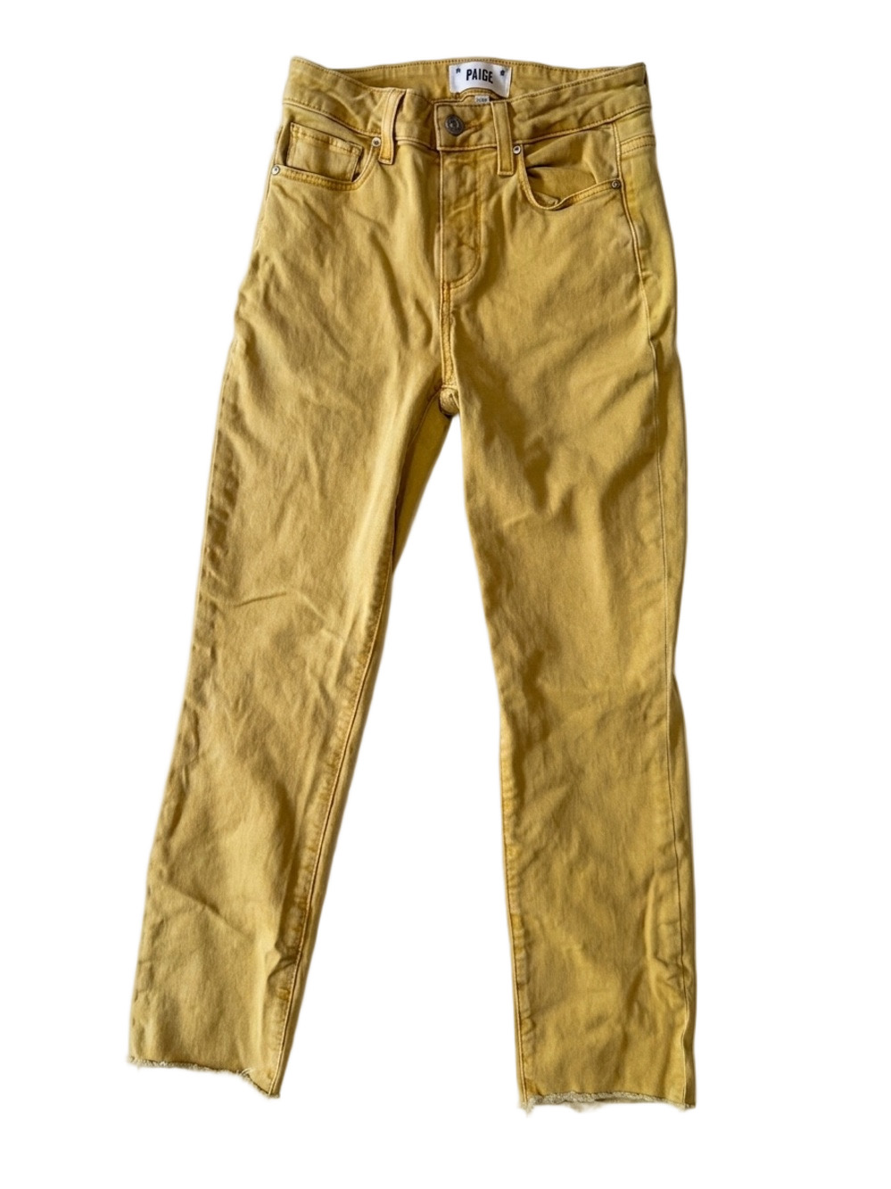 PAIGE Cindy Crop Mustard Yellow High Rise Straight Leg Raw Hem Jeans Size 25